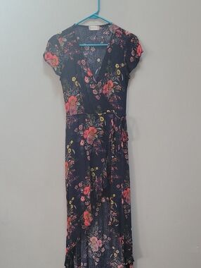 Altar'd State Navy Floral Wrap Maxi Dress with Pink & Yellow Blooms